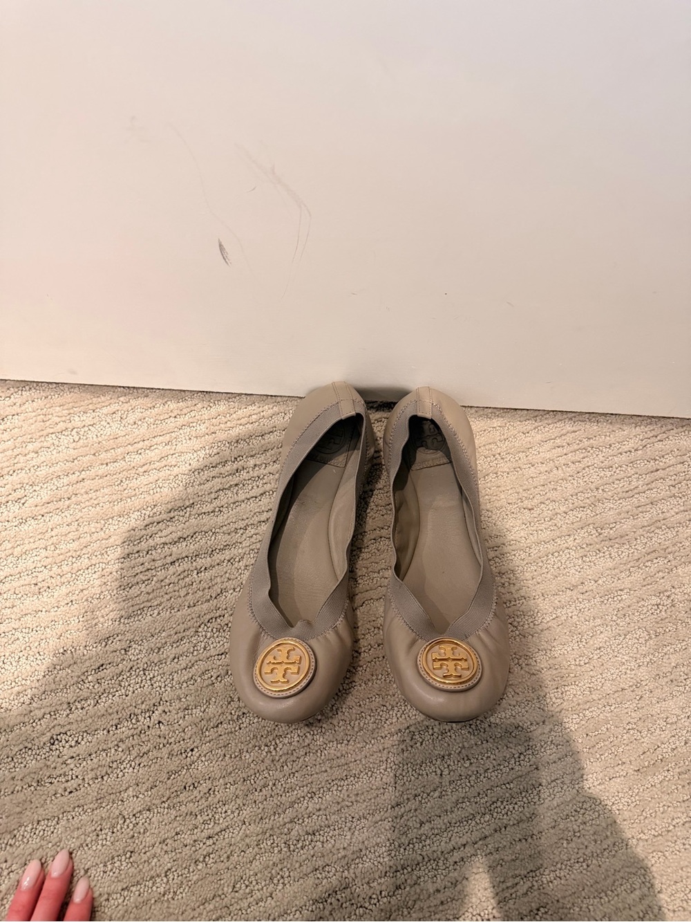 Tory Burch Taupe Leather Logo Ballet Flats